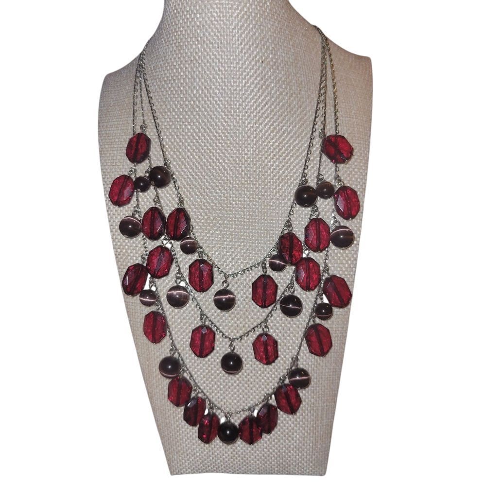 Red and Silver Cascade Necklace with Multi-Layered Design